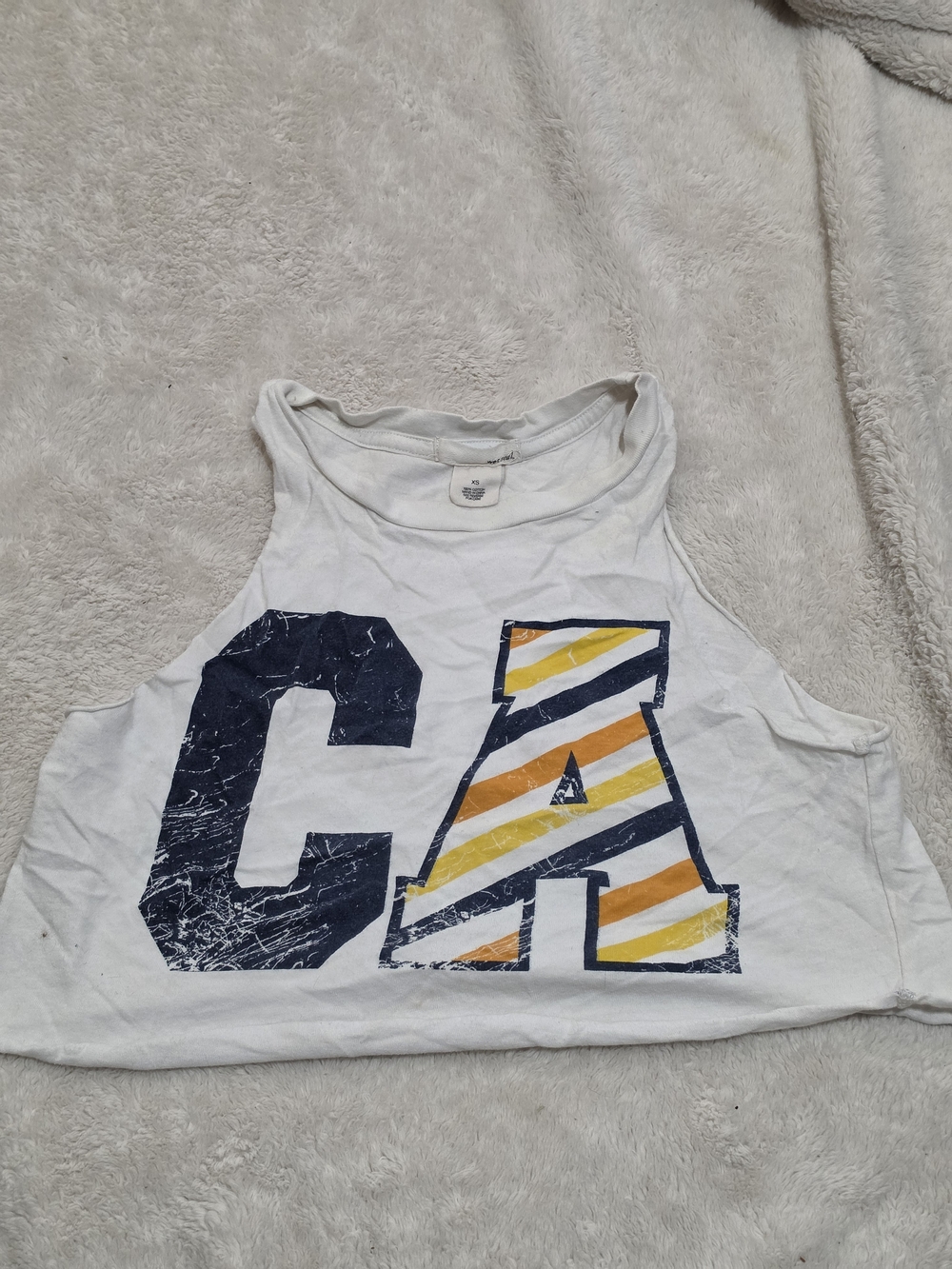 .Wet Seal White Cropped Tank with Navy CA and Yellow-Orange Stripes